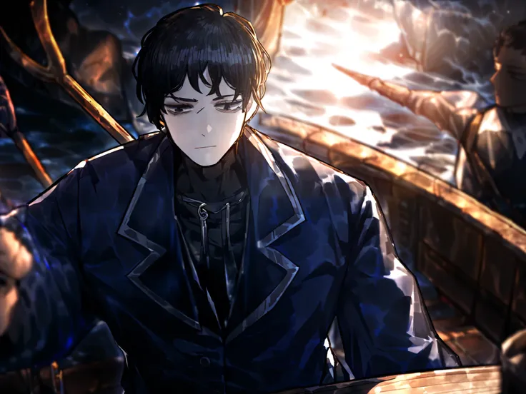 1man, boy, male, black hair, short hair, unkempt hair, pirate captain attire, close up, solo, dark blue coat, high resolution, Masterpiece, detailed, ((projectmoon)), skinny, black eyes, on ship, trident with 3 prongs on back, black shirt,