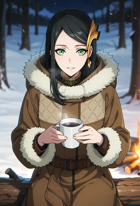 anime screencap, masterpiece, best quality, 1girl, solo, parted lips, breathing, light smile,
long hair, swept bangs, parted bangs, black hair, green eyes, hair ornament, Heejin Coat, fur coat, hooded coat, brown coat, brown belt,holding cup,sitting, looki...