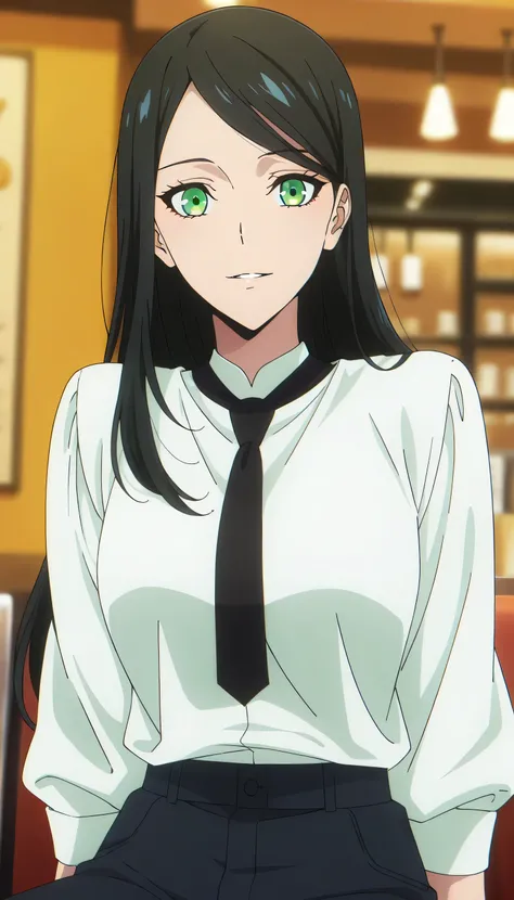 anime screencap, masterpiece, best quality, 1girl, solo, parted lips, light smile,long hair, swept bangs, parted bangs, black hair, green eyes, white shirt, black tie, pants, sitting, looking at the viewer, casual dining restaurant, blurry background