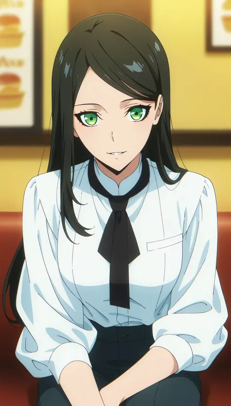 anime screencap, masterpiece, best quality, 1girl, solo, parted lips, light smile,long hair, swept bangs, parted bangs, black hair, green eyes, white shirt, black tie, pants, sitting, looking at the viewer, casual dining restaurant, blurry background