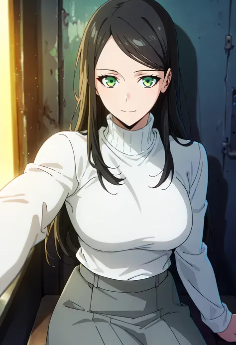 score_9, score_8_up, score_7_up, score_6_up, anime screencap, masterpiece, best quality, 1girl, dynamic lighting, in the dark, deep shadow, low key, cowboy shot, closed mouth, (((turtleneck, grey skirt, white long sleeve sweater))), ((large full breasts)),...