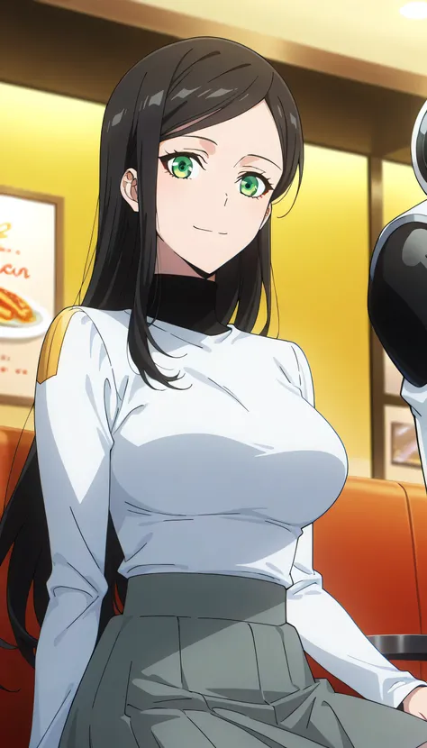 score_9, score_8_up, score_7_up, score_6_up, anime screencap, (masterpiece), (best quality), 1girl, solo, dynamic lighting, (((turtleneck, white long sleeve seater, grey skirt))), (large full breasts), smile, closed mouth, looking at viewer, long hair, swe...