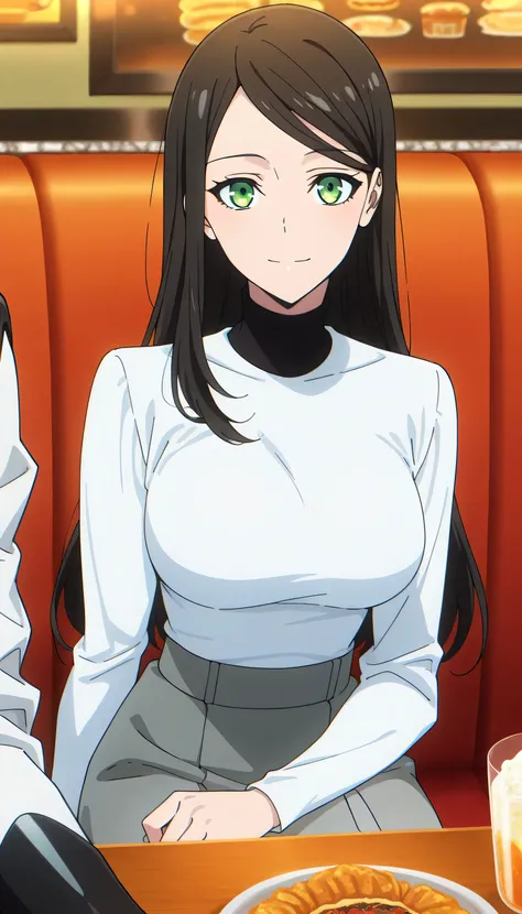 score_9, score_8_up, score_7_up, score_6_up, anime screencap, (masterpiece), (best quality), 1girl, solo, dynamic lighting, (((turtleneck, white long sleeve seater, grey skirt))), (large full breasts), smile, closed mouth, looking at viewer, long hair, swe...