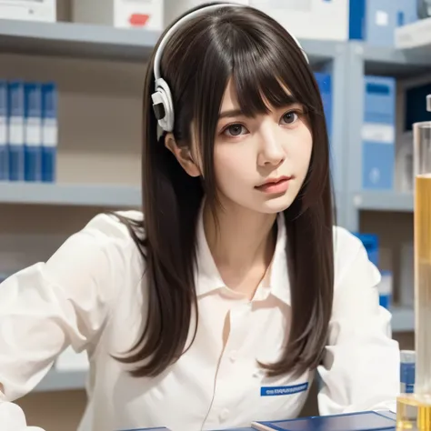 Depict a 20-year-old, stunningly beautiful woman conducting an experiment in a well-equipped science lab. She wears a pristine white lab coat over professional attire, her expression focused as she carefully handles scientific instruments. Whether her hair...