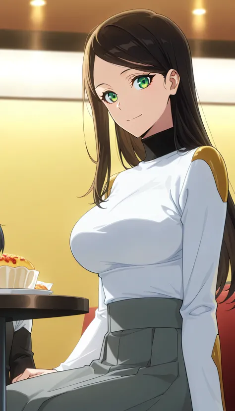 score_9, score_8_up, score_7_up, score_6_up, anime screencap, (masterpiece), (best quality), 1girl, solo, dynamic lighting, (((turtleneck, white long sleeve seater, grey skirt))), (large full breasts), smile, closed mouth, looking at viewer, long hair, swe...