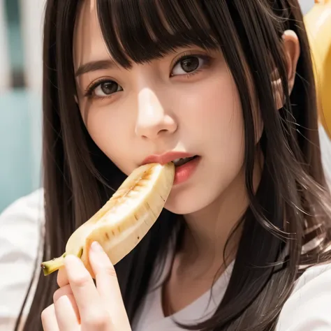 She is holding a banana with its peel partially removed, revealing the white fruit inside. She is eating the exposed white part. Dark hair, long hair, dark eyes.