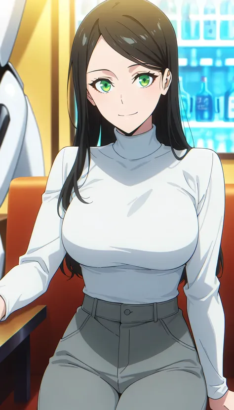 score_9, score_8_up, score_7_up, score_6_up, anime screencap, (masterpiece), (best quality), 1girl, solo, dynamic lighting, (((white turtleneck, white thick seater, grey pants))), (large full breasts), smile, looking at viewer, long hair, swept bangs, part...