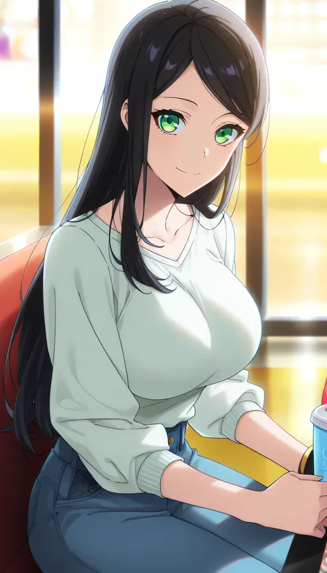 score_9, score_8_up, score_7_up, score_6_up, anime screencap, (masterpiece), (best quality), 1girl, solo, dynamic lighting, (((casual fashion))), (large full breasts), smile, looking at viewer, long hair, swept bangs, parted bangs, black hair, green eyes, ...