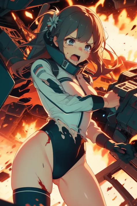 cockpit_explosion, fire, electricity, screaming, explosion, science fiction, wide-eyed, tearing clothes, standing, blood, scared, sweat, crying, mecha, torn clothes, tears, cockpit,1girl、wearing black gymnastics bloomers,high leg,white blouse,cowboy shot