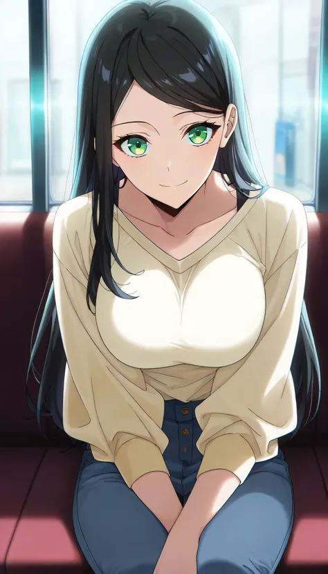 score_9, score_8_up, score_7_up, score_6_up, anime screencap, (masterpiece), (best quality), 1girl, solo, dynamic lighting, (((casual fashion))), (large full breasts), smile, looking at viewer, long hair, swept bangs, parted bangs, black hair, green eyes, ...