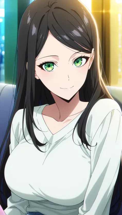 score_9, score_8_up, score_7_up, score_6_up, anime screencap, (masterpiece), (best quality), 1girl, solo, dynamic lighting, (((casual fashion))), (large full breasts), smile, looking at viewer, long hair, swept bangs, parted bangs, black hair, green eyes, ...