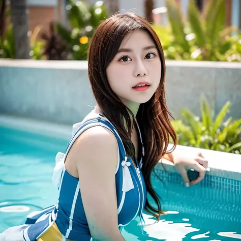 Depict a 20-year-old, breathtakingly beautiful woman performing synchronized swimming in a crystal-clear pool. She wears a stunning, form-fitting swimsuit adorned with sparkling embellishments, designed for both elegance and functionality. Her body moves i...