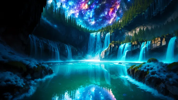 Majestic Atmosphere ,Vast Sky,( very beautiful artistic watercolor painting ), Beautiful Nature ,Very big and beautiful sky,\(( very elaborate and beautiful galaxy reflection:1.4)\),(many waterfalls lined up),Lots of Flow,Glowing moss ,shining rock face,f...
