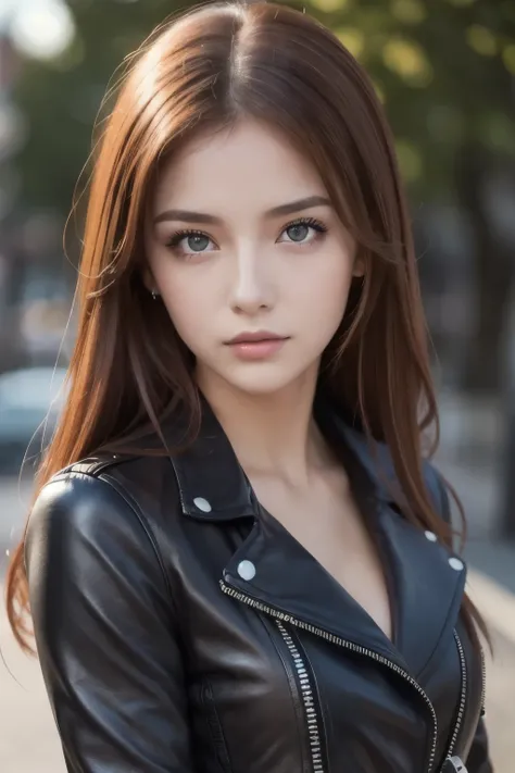 best quality , Masterpiece, ( realistic: 1.2), 1 girl, slim girls, Red Hair, brown eyes, Front , detailed face, beautiful eyes, brown eyes, big eyes, small breasts, Cleevidge , black leather jacket,cool girl,cool pose