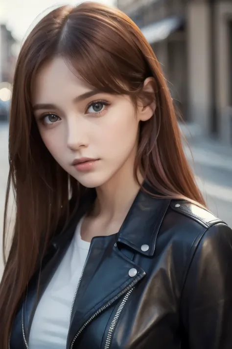 best quality , Masterpiece, ( realistic: 1.2), 1 girl, slim girls, Red Hair, brown eyes, Front , detailed face, beautiful eyes, brown eyes, big eyes, small breasts, Cleevidge , black leather jacket,cool girl,cool pose