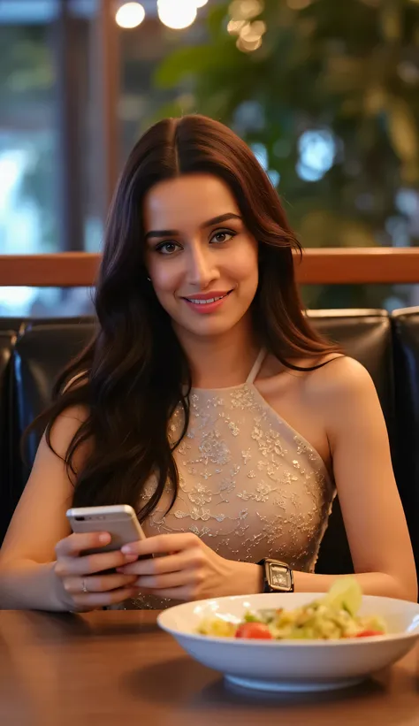 a beautiful woman in the restaurant eating with her cell phone in her hand