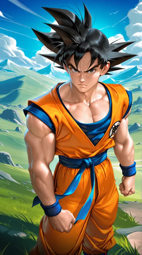 (TangoBat:0.7),(Sakimichan:0.7), 1boy,male, son goku, solo, looking at viewer, blue sky, black hair, 1boy, grass, closed mouth, collarbone, male focus, black eyes, sash, frown, spiked hair, blue wristband, clenched hand,clenched hands, serious, masterpiec...