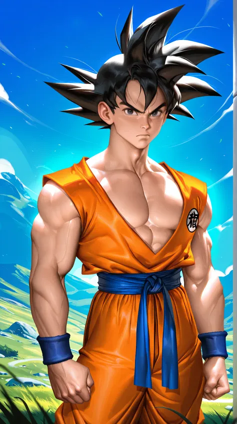 (TangoBat:0.7),(Sakimichan:0.7), 1boy,male, son goku, solo, looking at viewer, blue sky, black hair, 1boy, grass, closed mouth, collarbone, male focus, black eyes, sash, frown, spiked hair, blue wristband, clenched hand,clenched hands, serious, masterpiec...