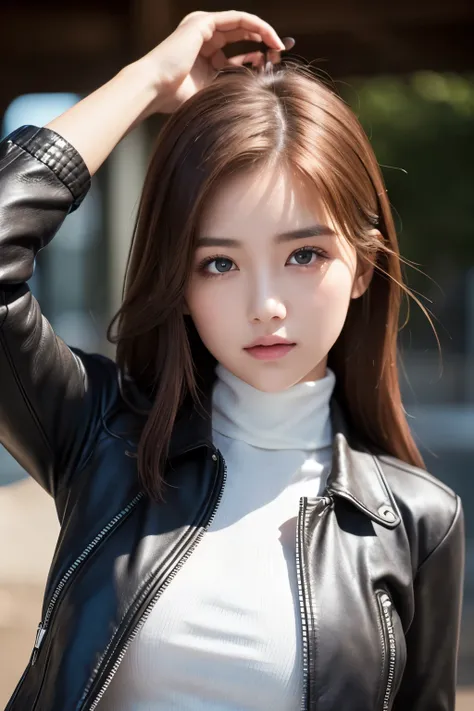 best quality , Masterpiece, ( realistic: 1.2), 1 girl, slim girls, Red Hair, brown eyes, Front , detailed face, beautiful eyes, brown eyes, big eyes, small breasts, Cleevidge , black leather jacket,white Turtleneck inside,neat, cool girl,cool po...