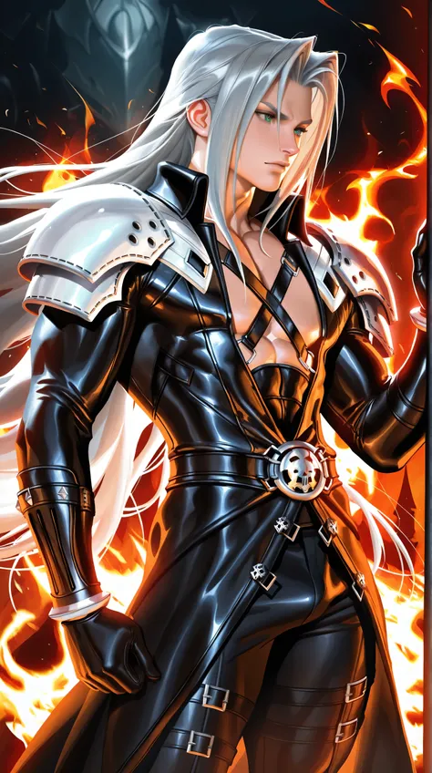 (TangoBat:0.7),(Sakimichan:0.7), 1boy,male, Sephiroth final fantasy, long hair, Silver hair, long black jacket, black pants, armor, shoulder pads, background of flames, wallpaper, extremely detailed, masterpiece, best quality,absurdres