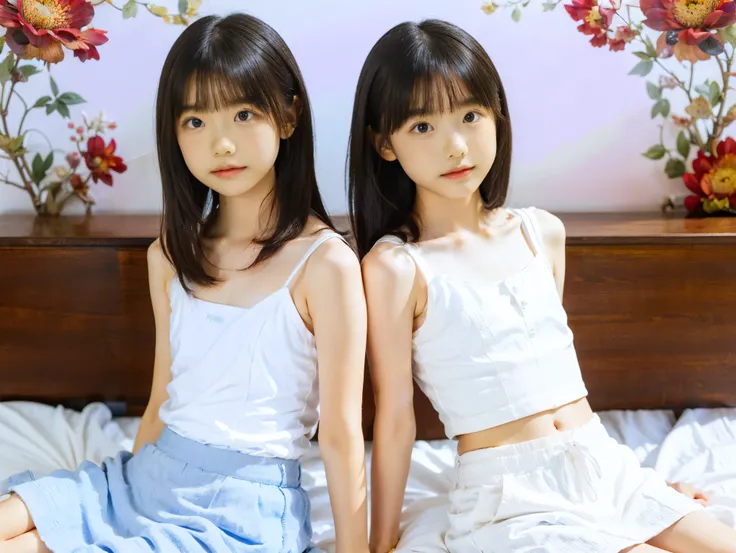 ((2girls)), (((flat chest:1.5))), (((white camisole dress))), (two toddler girls, in old apartment at late night, toddler), ((pale skin:1.3, toddler body)), (baby face:1.3), red room, red wallpaper, narrow room, night time, (top-quality), Realistic, (real ...