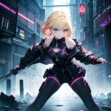 "A cyberpunk-inspired female character stands in a combat stance, holding a submachine gun, in a futuristic but ruined city. She has a blonde mash cut (((her hair is cut in a blond mash))) and black hoop earrings in both ears. The full-body black blouson r...