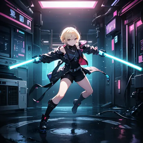 "A cyberpunk-style female character stands in a fighting stance with a single glowing blue lightsaber in her hand in a futuristic but ruined city. She has very short blonde hair with short cropped bangs and wears black hoop earrings in both ears. Her full-...