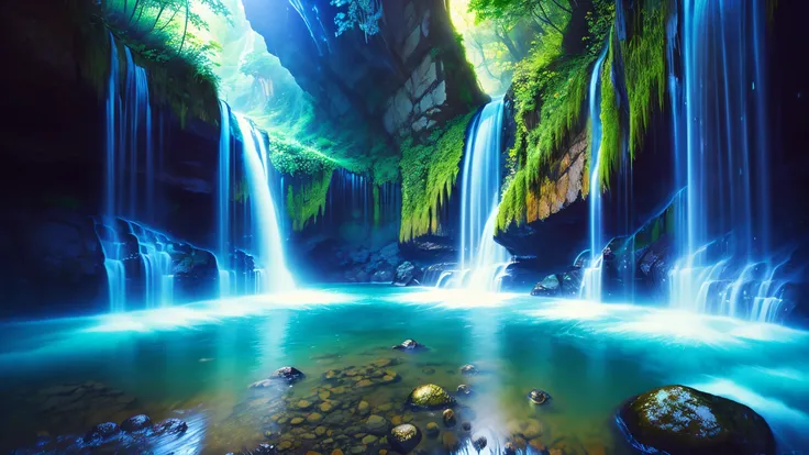 Majestic Atmosphere,Vast Sky,( very beautiful artistic watercolor painting ),Beautiful Nature ,beautiful sky from the light source\(( very elaborate and beautiful galaxy reflection:1.4)\),(Many waterfalls are lined up),There are waterfalls on both sides ...