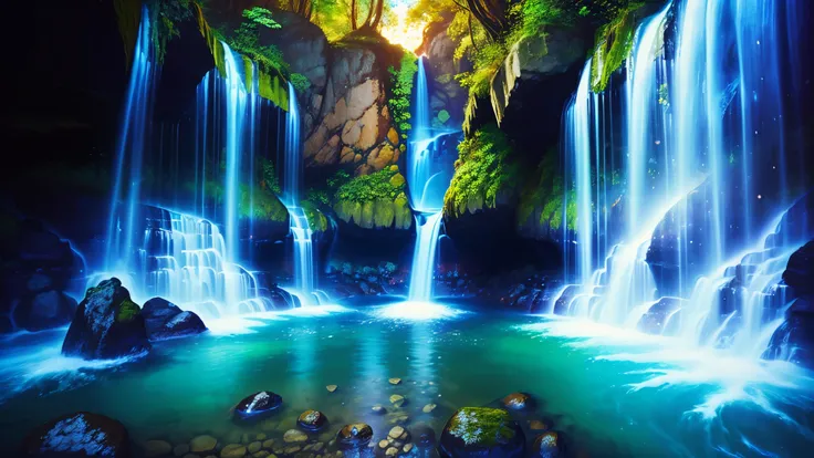 Majestic Atmosphere,Vast Sky,( very beautiful artistic watercolor painting ),Beautiful Nature ,beautiful sky from the light source\(( very elaborate and beautiful galaxy reflection:1.4)\),(Many waterfalls are lined up),There are waterfalls on both sides ...