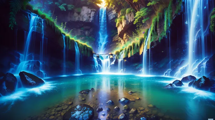 Majestic Atmosphere,Vast Sky,( very beautiful artistic watercolor painting ),Beautiful Nature ,beautiful sky from the light source\(( very elaborate and beautiful galaxy reflection:1.4)\),(Many waterfalls are lined up),There are waterfalls on both sides ...