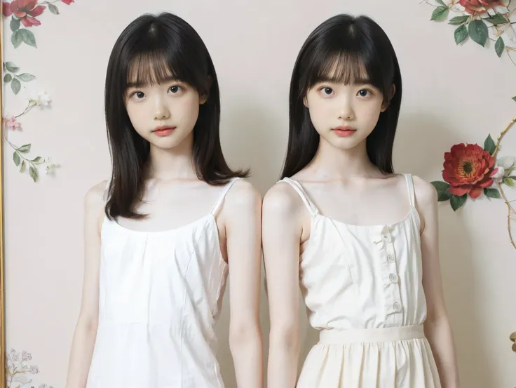 ((2girls)), (((flat chest:1.5))), (((white camisole dress))), (two toddler girls, in old apartment at late night, toddler), ((pale skin:1.3, toddler body)), (baby face:1.3), red room, red wallpaper, narrow room, night time, (top-quality), Realistic, (real ...