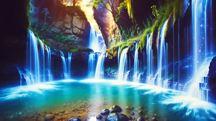 Majestic Atmosphere,Vast Sky,( very beautiful artistic watercolor painting ),Beautiful Nature ,beautiful sky from the light source\(( very elaborate and beautiful galaxy reflection:1.4)\),(Many waterfalls are lined up),There are waterfalls on both sides ...