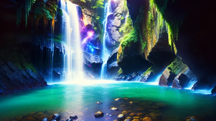 Majestic Atmosphere,Vast Sky,( very beautiful artistic watercolor painting ),Beautiful Nature ,beautiful sky from the light source\(( very elaborate and beautiful galaxy reflection:1.4)\),(Many waterfalls are lined up),There are waterfalls on both sides ...