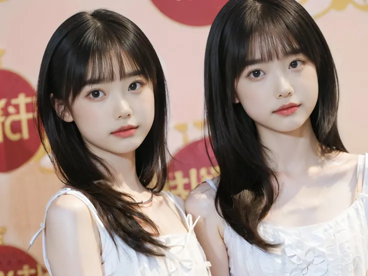 ((2girls)), (((flat chest:1.5))), (((white camisole dress))), (two toddler girls, One of them is wearing glasses, in old apartment at late night, toddler), ((pale skin:1.3, toddler body)), (baby face:1.3), red room, red wallpaper, narrow room, night time, ...
