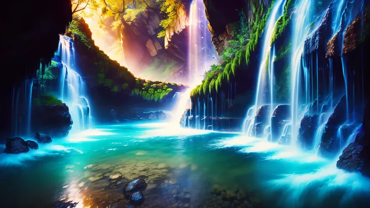 Majestic Atmosphere,Vast Sky,( very beautiful artistic watercolor painting ),Beautiful Nature ,beautiful sky from the light source\(( very elaborate and beautiful galaxy reflection:1.4)\),(Many waterfalls are lined up),There are waterfalls on both sides ...