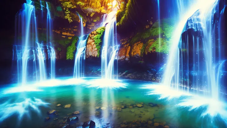 Majestic Atmosphere,Vast Sky,( very beautiful artistic watercolor painting ),Beautiful Nature ,beautiful sky from the light source\(( very elaborate and beautiful galaxy reflection:1.4)\),(Many waterfalls are lined up),There are waterfalls on both sides ...