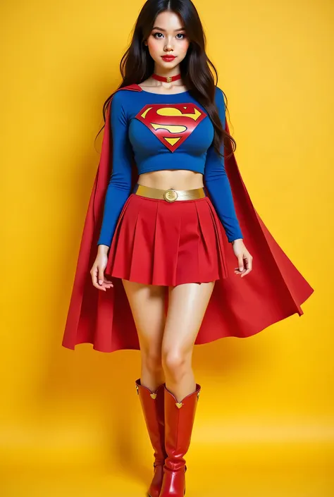 (BLUE EYES:2.3) a beautiful YOUNG girl with long BLACK hair, detailed blue eyes, nose, RED SPIKED CHOKER, red lipstick,WEARING A LONG SLEEVE BLUE SUPERGIRL CROP TOP WITH LONG SLEEVES, RED PLEATED SKIRT WITH A SUPERGIRL BELT, RED CAPE AND RED BOOTS (best qu...