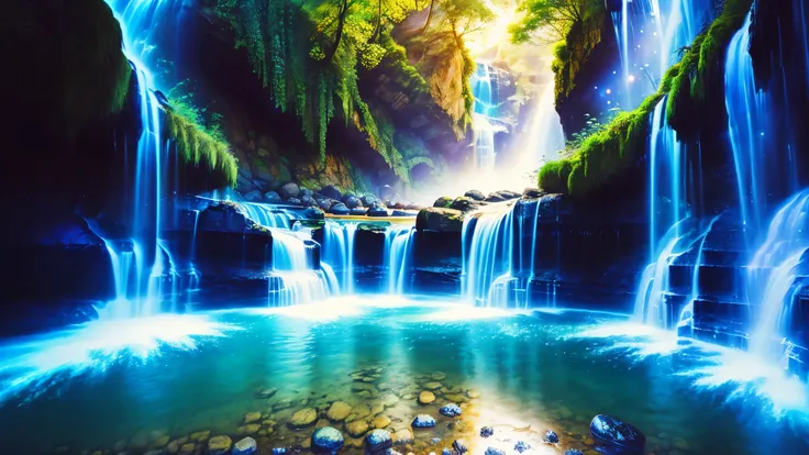 Majestic Atmosphere,Vast Sky,( very beautiful artistic watercolor painting ),Beautiful Nature ,beautiful sky from the light source\(( very elaborate and beautiful galaxy reflection:1.4)\),(Many waterfalls are lined up),There are waterfalls on both sides ...