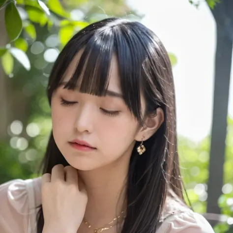 A breathtakingly beautiful 20-year-old woman stands in a lush green park at sunset, bathed in the warm golden light of the evening sun. Facing forward, her eyes gently closed, cheeks slightly flushed, and her face tilted upward as if anticipating a kiss, s...