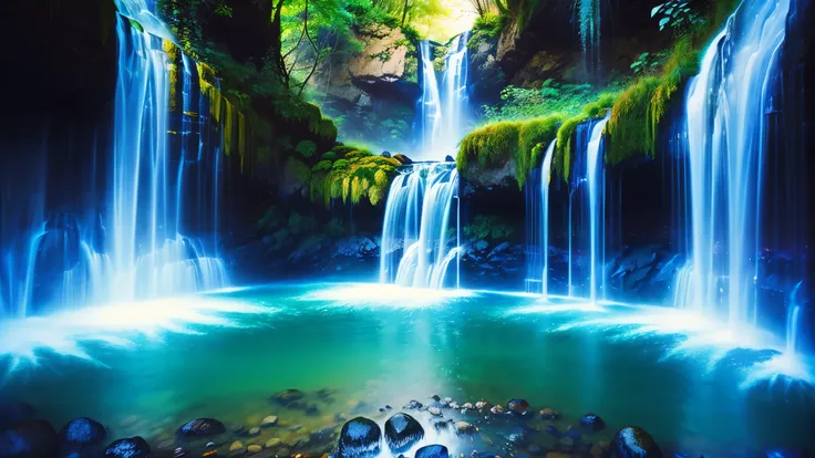Majestic Atmosphere,Vast Sky,( very beautiful artistic watercolor painting ),Beautiful Nature ,beautiful sky from the light source\(( very elaborate and beautiful galaxy reflection:1.4)\),(Many waterfalls are lined up),There are waterfalls on both sides ...