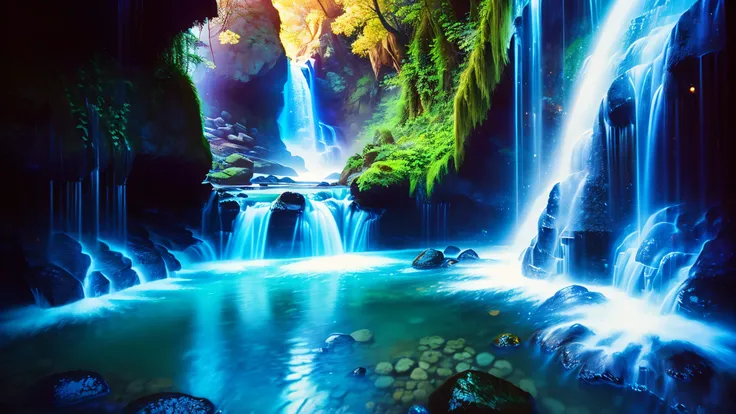 Majestic Atmosphere,Vast Sky,( very beautiful artistic watercolor painting ),Beautiful Nature ,beautiful sky from the light source\(( very elaborate and beautiful galaxy reflection:1.4)\),(Many waterfalls are lined up),There are waterfalls on both sides ...