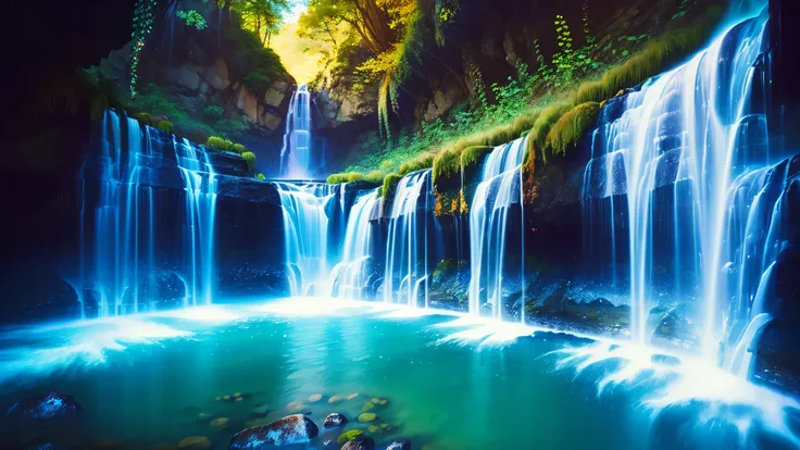 Majestic Atmosphere,Vast Sky,( very beautiful artistic watercolor painting ),Beautiful Nature ,beautiful sky from the light source\(( very elaborate and beautiful galaxy reflection:1.4)\),(Many waterfalls are lined up),There are waterfalls on both sides ...