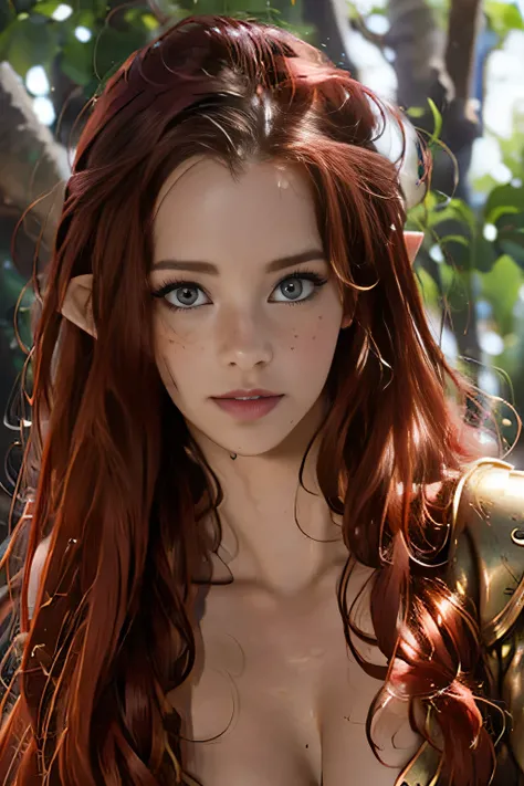 Fantasy, medieval, ((best quality)), ((masterpiece)), (detailed), perfect face, perfect body, hot woman, young, beautiful sexy elf, leaning on a tree, redhead, long hair, messy hair, big eyes, heavy black eyeliner, freckles, cameltoe, outdoors, gloomy fore...