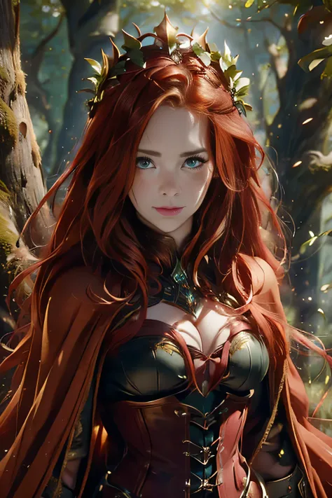 Fantasy, medieval, ((best quality)), ((masterpiece)), (detailed), perfect face, perfect body, hot woman, young, beautiful sexy elf, leaning against a tree, redhead, long hair, messy hair, big green eyes, heavy black eyeliner, freckles, cameltoe, outdoors, ...