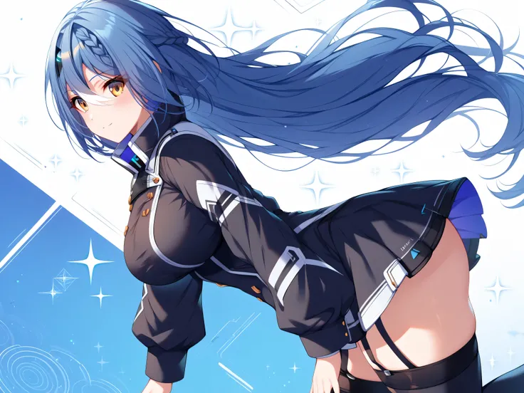 master piece、Best Quality,Super detailed,High resolution,Extremely detailed CG,Unity 8K Wallpaper,weat,score_9, score_8_up, score_7_up, score_6_up, score_5_up, score_4_up, source_anime ,Etra, blue hair, long hair, yellow eyes, white streaked hair, braid, h...