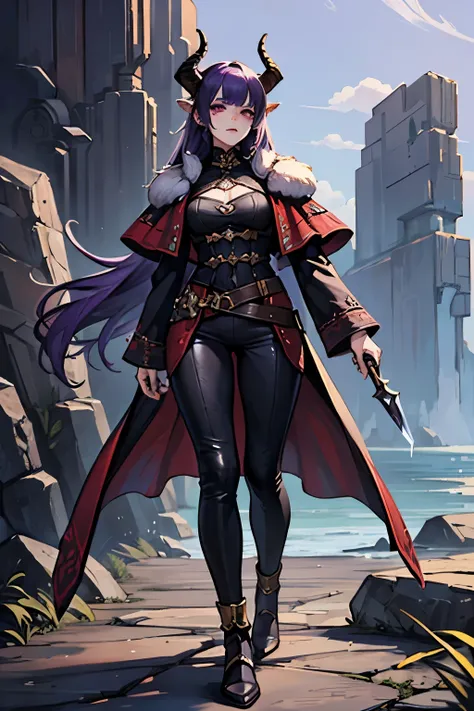 Unique design protagonists in an outside rocks environment different calm poses, fantasy themed, full body artwork, two ram horns, form fitting leather outfit, purple themed, carrying two daggers, purple hair, tall pretty girl, pants, assassin style class