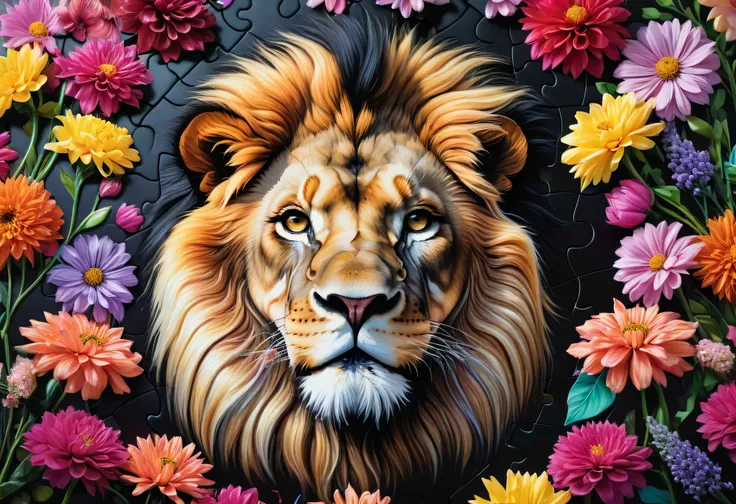 Picture of a lion surrounded by flowers on a black background, Puzzle art, Flower Arashi Portrait , King of the Jungle , Mysterious , Octa 8k, Puzzle, lion's mane , a jigsaw Puzzle, Dignity, 3 0, 240 pages , just a joke , beeple と jeremiah ketner, BRIA...