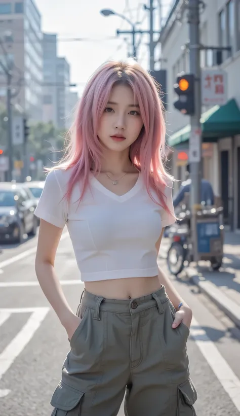 "Jisoo,soft pink hairstyle, wearing v neck tshirt cargo pants,candid pose, image is mid-range, in street.
