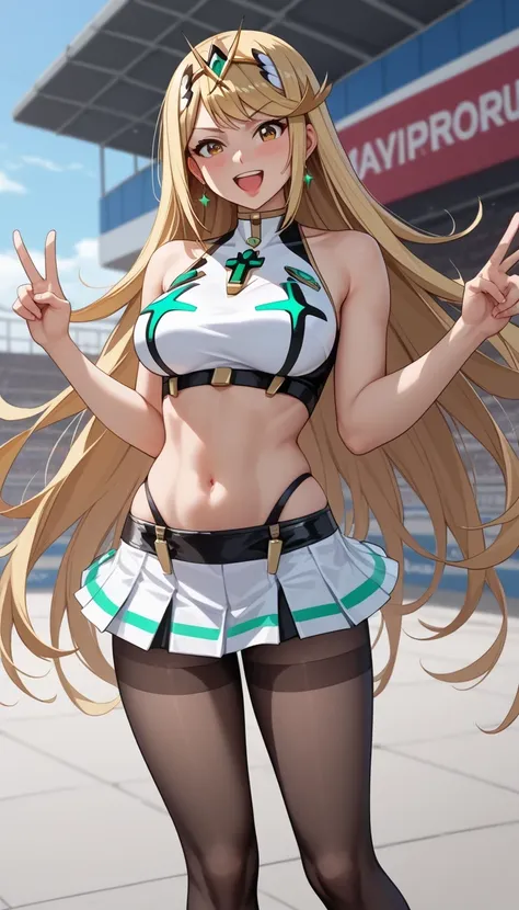 score_9, score_8_up, score_7_up, source_anime、top quality、8k、 masterpiece、ultra high definition、 natural light、perfect anatomy、 perfect eyes、beautiful eyes、one woman、medium breasts、saggy breasts:1.2、mythra, mythra has blonde very long hair, (race queen、red...