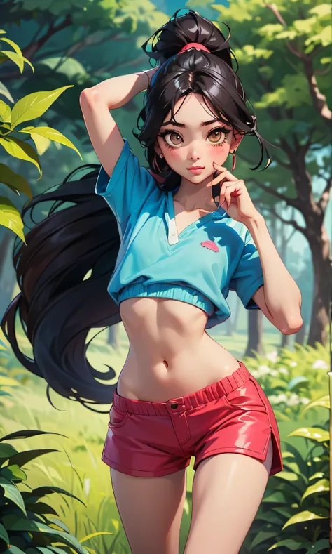 Masterpiece, high facial detail, a beautiful girl, asian, Shin Yuna, black hair, ponytail hair, brown eyes, blushing, half body, thin and tall, skinny girl, flat chest, abdomen, textured skin, pose sexy, top, shorts, head on, detail on hands, sexy pose, al...